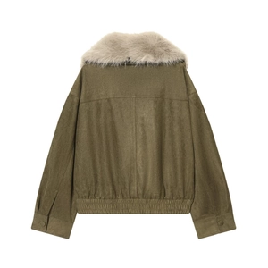 Women's army green suede jacket with light gray faux fur collar and ribbed hem