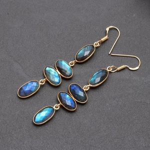Vintage gold drop earrings featuring three faceted blue labradonite oval gemstones