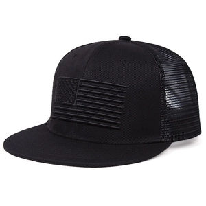 Detail of black snapback hat with premium black 3D USA flag embroidery and mesh back