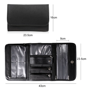 Foldable black jewelry organizer bag showing dimensions and internal storage compartments