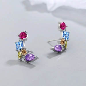 Fashionable stud earrings featuring vibrant colorful zircons set in polished silver metal