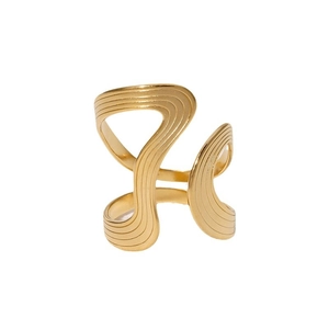 Irregular gold wave ring with geometric hollow lines and brushed stainless steel texture