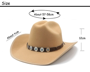 Size guide for wool western cowboy hat with crown height and brim width dimensions