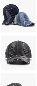 Macro detail of distressed denim baseball cap featuring raw edges and vintage frayed textures