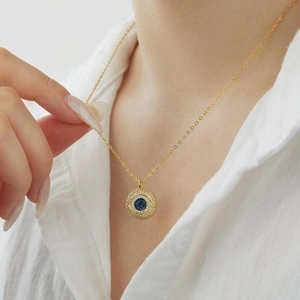 Exquisite S925 sterling silver evil eye necklace with blue gemstone and white zircons