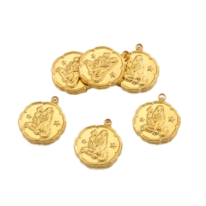 Golden zodiac stainless steel pendants with embossed star sign figures on white background