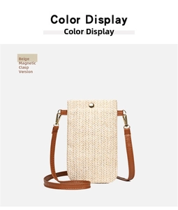 Macro detail of beige straw phone bag with V-weave texture and magnetic snap closure