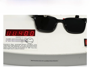Polarized sunglasses on UV400 tester showing high-level ultraviolet protection features