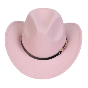 Pink western cowboy felt hat detail featuring a black faux leather band with gold buckle