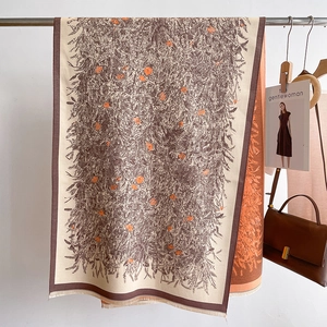 French vintage cashmere-like scarf with daisy print and short fringe in autumn tones
