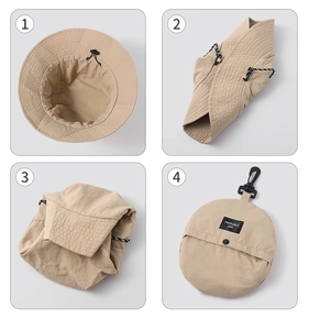 Detailed four-step guide showing how to fold the khaki waterproof packable sun hat