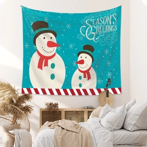 Detail of Christmas snowman tapestry with Season's Greetings text on cozy bedroom wall