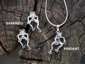Detailed set of silver frog earrings and pendant on a rustic wood surface texture