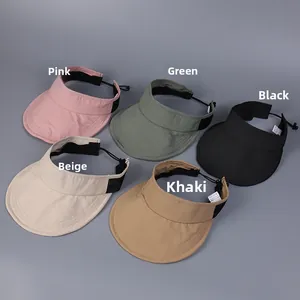 Top view of five colorful foldable sun visors with adjustable drawstrings and quick-dry fabric