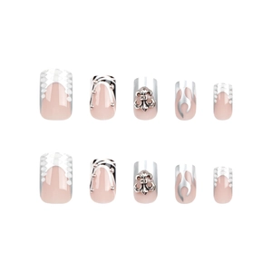 Chrome silver flame press-on nails set with gothic metal charms and graffiti pattern