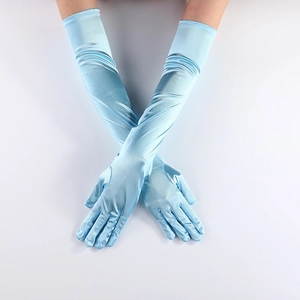 Elegant long light blue satin dress gloves reaching above the elbow for formal occasions