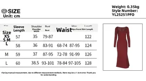 Detailed size chart for sweetheart neckline long sleeve slim fit dress with measurements