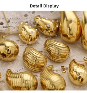 Detail of 18K gold teardrop earrings crafted from 304 stainless steel on white lace