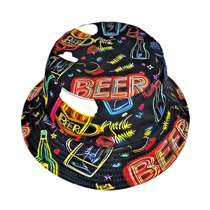 Neon beer print reversible bucket hat with vibrant glow-style patterns on black fabric