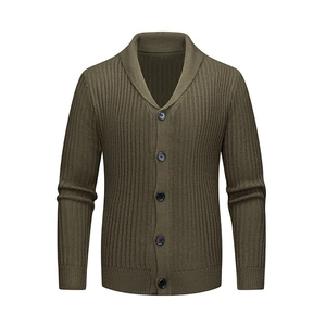 Men's olive green shawl collar knit cardigan with black buttons on a white background