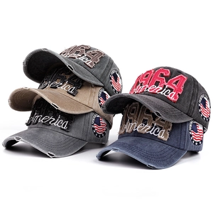 Vintage washed baseball caps with 1964 embroidery and distressed details in multiple colors