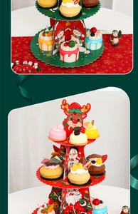 Détails d'un présentoir à cupcakes de Noël à 3 niveaux en carton avec motifs festifs