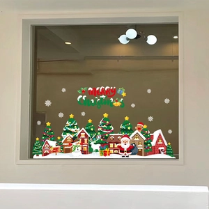 Christmas window stickers set featuring Santa, snowman, and reindeer on a snowy house backdrop