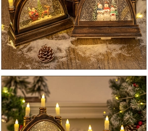 Macro detail of Christmas crystal lantern featuring festive Santa Claus and reindeer inside