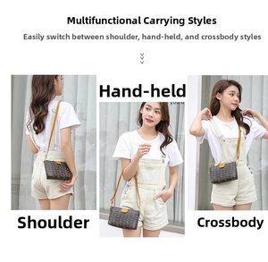 Three-way carry demonstration of brown monogram small square bag with orange straps