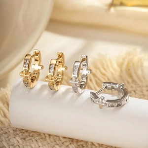 Vintage Cross Huggie Hoop Earrings Copper Rectangular Zircon Inlaid Piercing Jewelry For Men Women Daily Decor