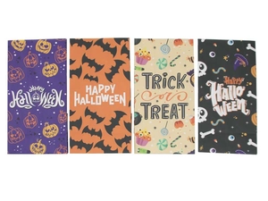 Four Halloween kraft paper bags with pumpkin, bat and ghost designs for food treats