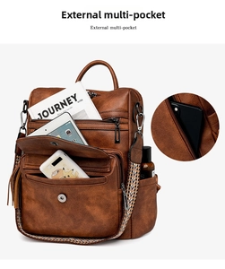 Detail view of large capacity vintage brown PU leather backpack with multiple pockets