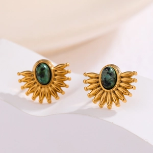 Retro gold stainless steel stud earrings featuring oval turquoise inlay in sunburst design
