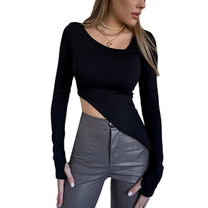 Detail of slim fit black long sleeve top with asymmetric hem and thumbhole cuffs