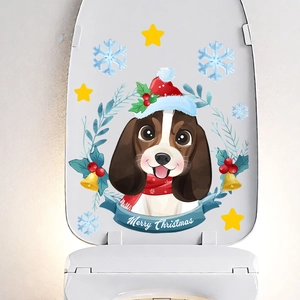 Close-up of beagle puppy Christmas toilet lid sticker with Merry Christmas ribbon