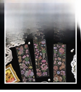 Detail of vintage floral PET stickers with gold foil accents and butterfly motifs
