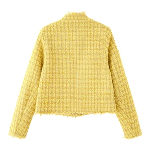 Back view of yellow tweed jacket for women featuring elegant texture and fringe details