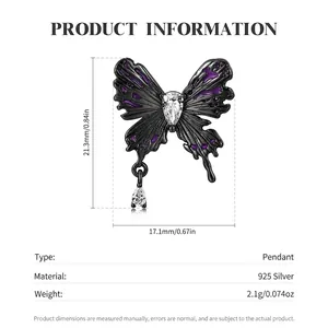 Gothic S925 sterling silver black butterfly necklace with purple zircon accents