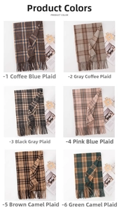 Detailed grid view showing six color combinations of plaid tassels scarves for winter