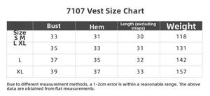Size chart detail for breathable yoga vest showing measurements from S to XL