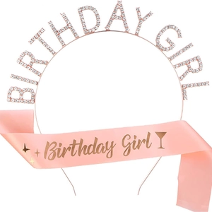 Birthday Girl rose gold rhinestone tiara and pink satin sash party accessories set