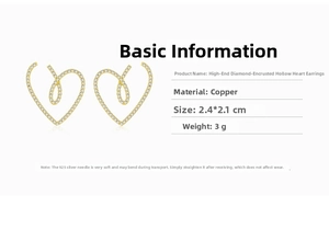 Detailed view of hollow heart stud earrings with dimensions and copper 925 silver material