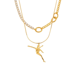 Double-layered gold necklace with a dancing girl pendant and sparkling zircon stones