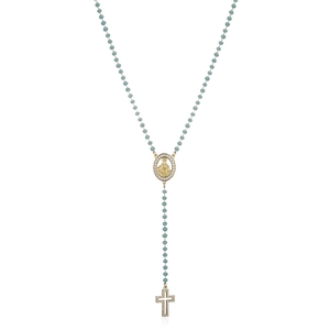 Virgin Mary Y-necklace with light blue beads and sparkling cross pendant in gold finish