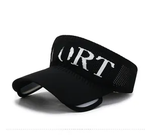 Detail view of black knit sun visor showing the breathable mesh and white SPORT text