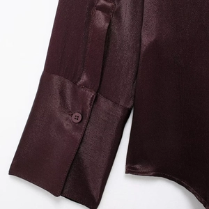 Elegant deep purple satin long sleeve shirt for women with silk-like glossy finish