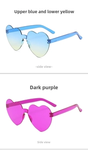 Detail view of heart-shaped rimless sunglasses in gradient blue-yellow and deep purple tints