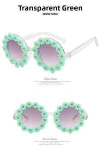 Detail view of round daisy sunglasses for kids with mint green flowers and purple lenses
