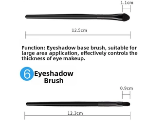 Detailed dimensions for eyeshadow brushes showing head width and total handle length