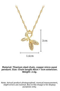 Detailed view of titanium steel leaf necklace with micro-pave crystals and dimensions